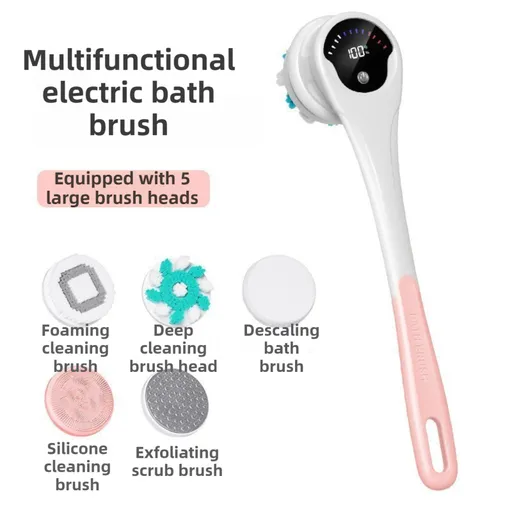 Pink Electric 360°Rotating Shower Brush with Long Handle for Back Scrubbing(43CM) - IPX7 Waterproof & Premium Silicone & PA Bristles