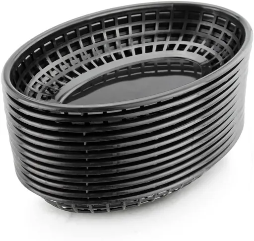 Fast Food Baskets,Oval, Set of 12, Black-Restaurant Serving Baskets, Flat Oval Fast Food Serving Baskets for Picnic, Deli Serving