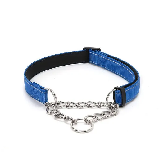 No Pull Collar for Dogs, Dog Chain Collars Reflective Nylon with Stainless Steel Chain Adjustable, L (Dark Blue), Intended for Small Medium Large Pets Training