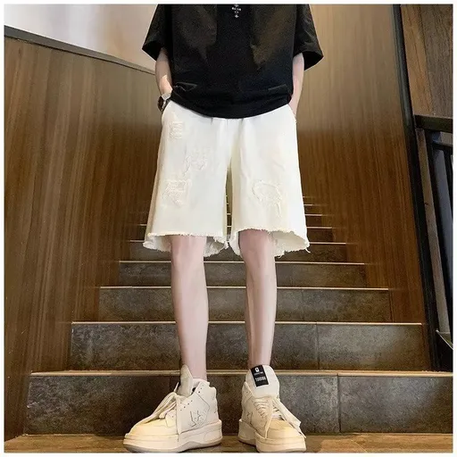 Trendy energy Denim Shorts Men Summer Frayed Straight White