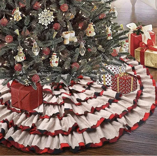 Plaid Christmas Tree Skirt 48 Inch, 6 Layers Red and Black Ruffled Christmas Tree Skirt