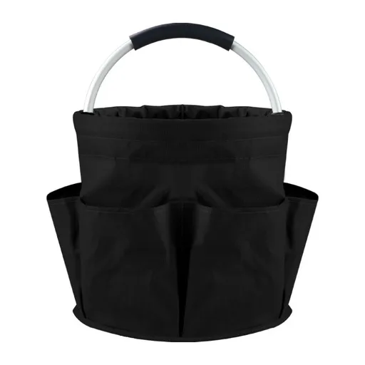 Black Foldable Oxford Cloth Round Picnic Basket with Padded Metal Handle - 6 Pocket Large Capacity Storage Tote for Outdoor Beach and Shopping