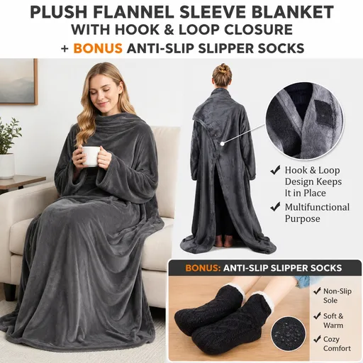 Winter Cozy Warm Loungewear Gift Set – 170 × 200CM Dark Grey Flannel Fleece Wearable Blanket with Adjustable Sleeves Large Front Pocket and Back Velcro Closure, Free XL Size Sherpa Fleece Cable Knit Anti-Slip Slipper Socks for Home Relaxation