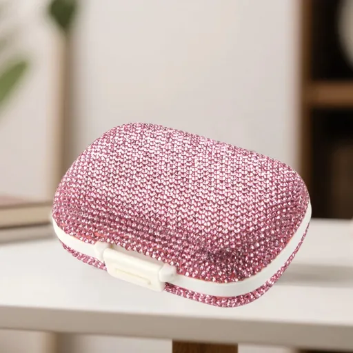 Portable Rhinestone Pill Organizer with 8 Compartments, Travel Outdoor First Aid Storage Box, Mini Pill Case for Daily Pills and Small Jewelry (Pink)