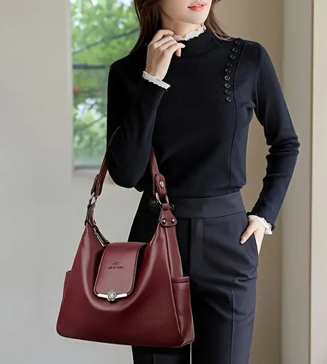 Leather Hobo Bag Shoulder Bag For Women High-Quality Leather Bag Travel Handbag - Gray - Size L