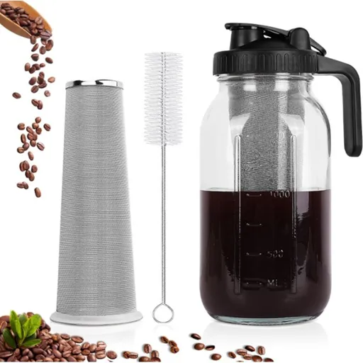 64oz Mason Jar Cold Brew Coffee Pitcher Set - Soda Lime Glass Jug with Measurement Marks, Pour Spout Handle Lid, Cleaning Brush and Fine Mesh Filter