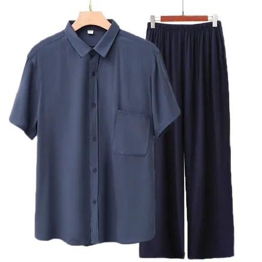 Men Rayon Short Sleeve Suit Set Summer Thin Casual Gray blue top + navy blue trousers XXL