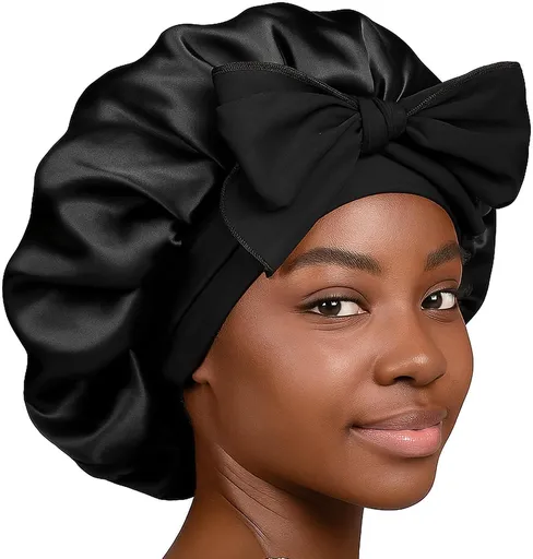 Silk Bonnet for Sleeping Women, Satin Bonnet Double Layer Satin Lined Night Sleep Hair Cap for Curly Hair with Tie Band Black