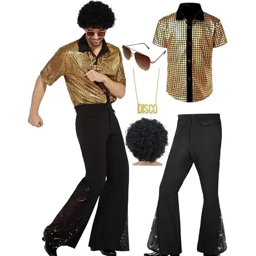 M size Men's 70s Disco Costume Set - Gold Plaid shirt with Black Bell Bottom Pants & Accessories, Retro Polyester Dance Outfit for Parties and Halloween