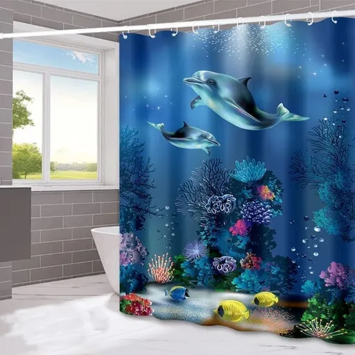 Waterproof Shower Curtain with Sea Turtle and Dolphin Motif, 180x200 cm, Dark Blue, Mildew Resistant