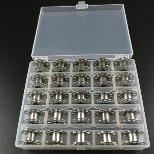 25 Bobbins for Sewing Machine Silver, with Storage Box