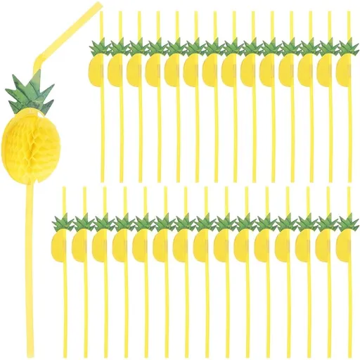 30PCS Plastic Drinking Straws, Pineapple Shape Yellow Decorative Straws, Disposable Smoothie Straws for Party Holiday Cocktails
