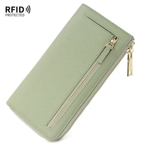 Genuine Leather Wallet RFID Blocking Wallet Long Zipper Clutch Women'S Phone - Light Green - Size m