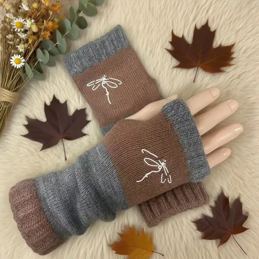 Fashion Warm Knit Spliced Half‑Finger Gloves Hand Protective Work‑Use Mittens 2 Pcs Dragonfly Khaki Pattern Perfect Christmas Gift