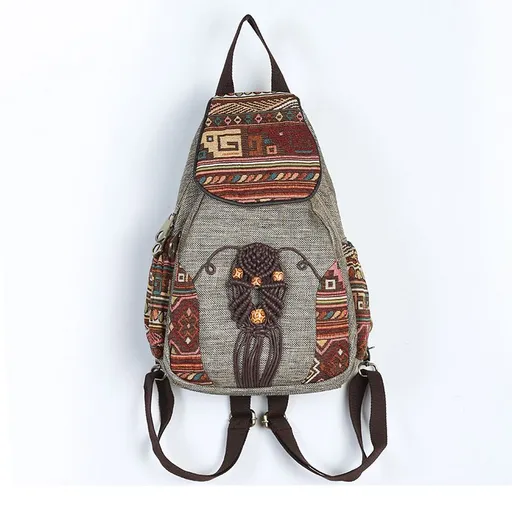 Handmade Backpack Women's Vintage Canvas Backpacks National Style Geometrical Printed Bag Female Simple Travel Backpack