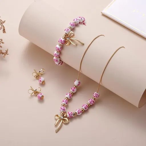 Kvekstio Vintage Porcelain Jewelry Set for Women, Blue Pink Floral Ceramic Beaded Bracelet & Necklace for Birthday Wedding