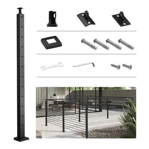 Cable Railing Post, 42" x 1" x 2" Steel L-Shaped Hole Corner Railing Post, 12 Pre-Drilled Holes, SUS304 Stainless Steel Cable Rail Post with Horizontal and Curved Bracket, 1-Pack, Black, 106.7*2.5*5 cm
