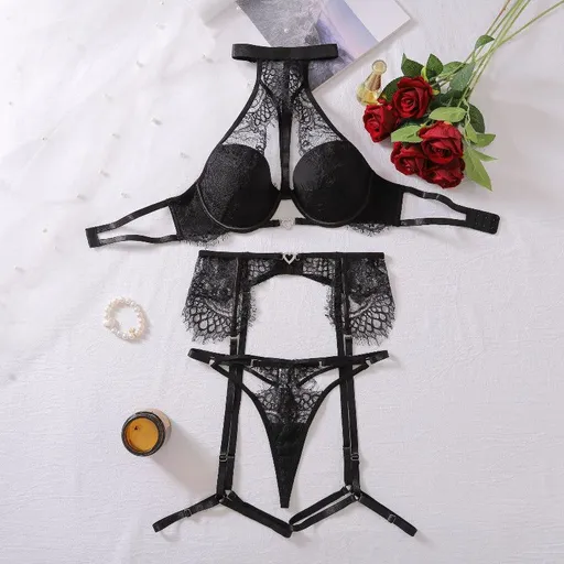 House Of Dasein Sexy Lace Hollow Steel Ring Gathering Neck Hanging Underwear Three Piece Set - Black - M