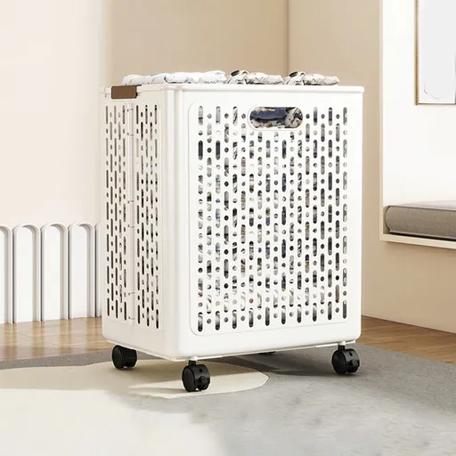 Collapsible Laundry Hamper with Wheels - Foldable Storage Basket for Clothes, Toys & Organizing | Rolling Linen Cart w/ Handle, Portable Closet Utility Bin 18 Inch Tall White