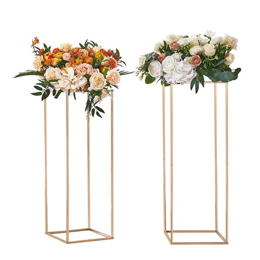2PCS 31.5inch/80cm High Wedding Flower Stand, With Acrylic Laminate,Metal Vase Column Geometric Centerpiece Stands, Gold Rectangular Floral Display Rack for Events Reception, Party Decoration