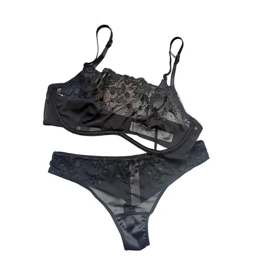 House Of Dasein Lace Thin Strapless Chain Detachable Sexy Lingerie Set Large Chest Minimizer Gathering And Lift - Black - L