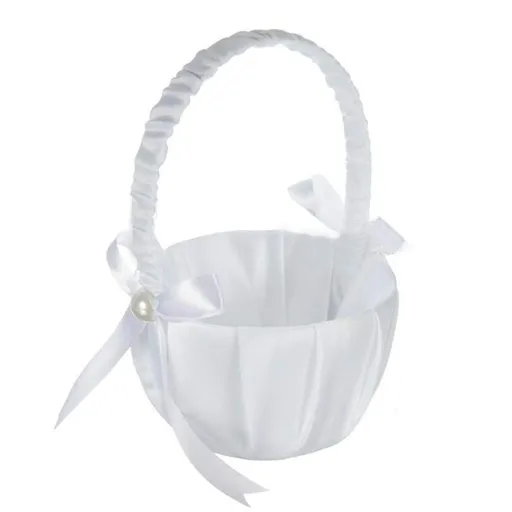 Romantic White Satin Beaded Wedding Flower Girl Basket Bowknot Decor Wedding Basket DIY Ceremony Party Decoration Candy Small