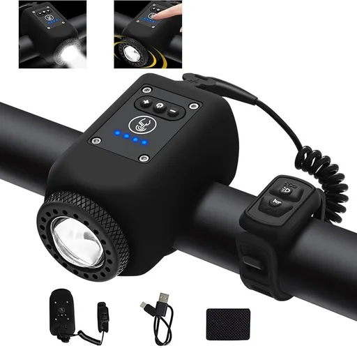 Electronic Bicycle Horn with Front Light, USB-C Rechargeable Bike Bell with Remote Button, Adjustable Volume, 6 Sounds, Black