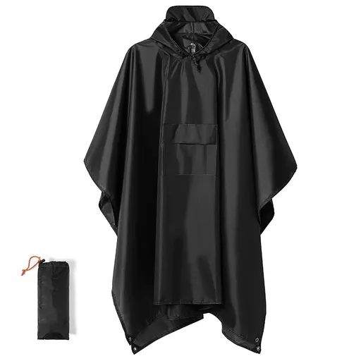 Portable Tactical Rain Poncho Waterproof 3-in-1 Full Coverage Black