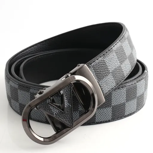 PU Leather Belt Automatic Buckle 120cm Checkered Pattern Black Gray