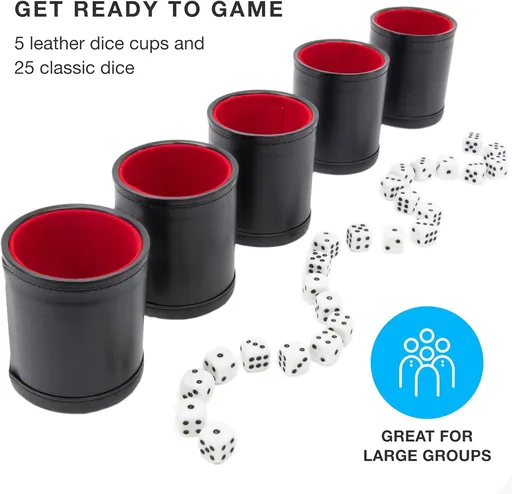 Professional Shaker Cups | Leather with Velvet Felt-Lined Interior | 5 Red Lined Cups and 25 Dice Set