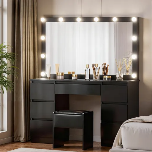Artiss Dressing Table Vanity Desk Set Stool 12 Led Bulbs Black