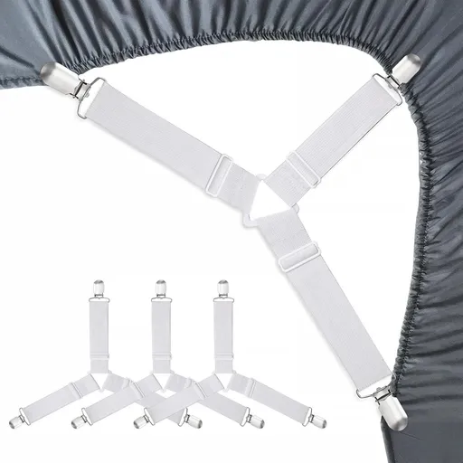 8 Pack Adjustable Bed Sheet Fasteners Triangle 3-Clamp Design White Elastic Bands Nickel-Plated Clips