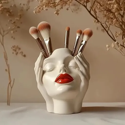 Sculpted Hands Vanity Brush Holder — "Goddess Embrace" Resin Organizer with Red Lips Accent/1 Piece Elegant Resin Makeup Brush Holder with Red Lips Design - Lightweight Synthetic Cosmetics Organizer Box, Standalone Desktop Storage Case for Bathroom o