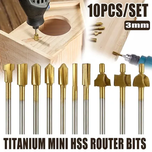 10Pcs/Set 3mm Titanium Mini HSS Router Bits Trimmer Shank For Rotary Tool