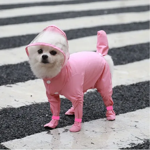Pink M size Full Coverage Pet Raincoat Jumpsuit Waterproof Dog Rain Suit with Attached Shoes and Tail Cover-Lightweight Hooded Dog Poncho for Small Dogs