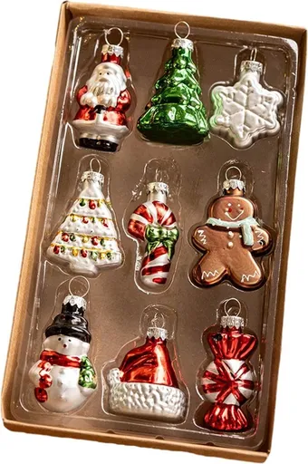 9 Piece Glass Christmas Ornament Set, Colorful Tree Decorations for Home and Office