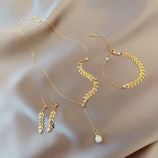 3 Pcs/Set Retro Wheat Leaf Choker Chain Necklace Fashion Short Necklace Earrings Bracelet Sexy Sling Accessories Women's Jewelry