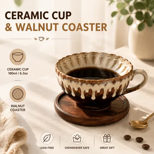Brown and white Handmade Ceramic Coffee Cup Set with Walnut Coaster – Kiln-Glazed Espresso Mug 180ml, Premium Coffee & Tea Cup Gift Set