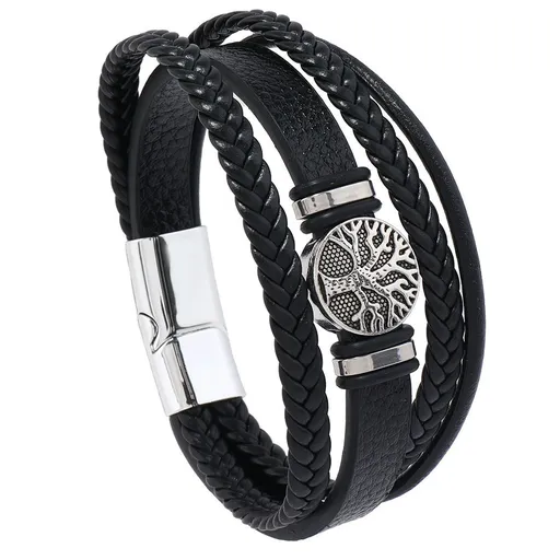 2PCS Handwoven Tree of Life Magnetic Clasp Bracelet, featuring a black synthetic leather double-layer design. Blending vintage charm with contemporary style, it symbolizes flourishing life and is perfect for both personal wear and thoughtful gifting.