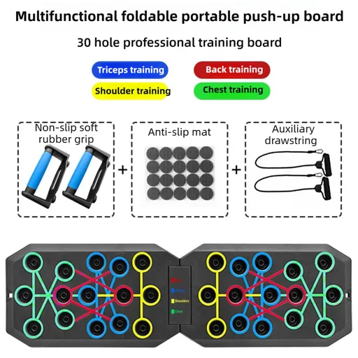 30-Hole Black Foldable Push Up Board with Resistance Bands & Non-Slip Grips for Home Gym