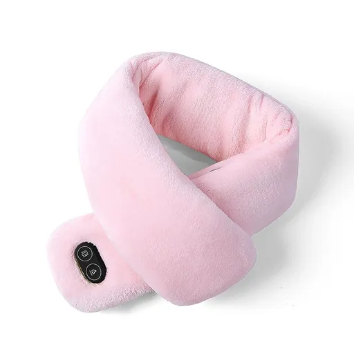 Pink Plush USB Heated Massage Neck Scarf with 3 Temp & 3 Vibration Massage Modes - Washable Winter Neck Warmer, Built-in Power Bank Zippered Storage Bag for Men and Women