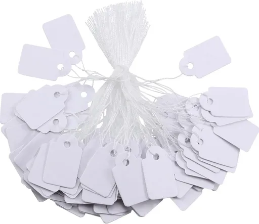 500 Pcs Small Price Tags with String Attached 0.6 x 0.95 in White Blank Marking Tag Writable Merchandise Strung Hang Label Pricing Marking Gift Display Tag for Jewelry Clothing Yard Sale Garage