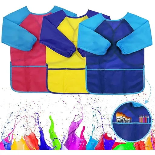 Kids Art Smocks 3 Pack Painting Smock with Long Sleeve and 3 Pockets for Age 3-8