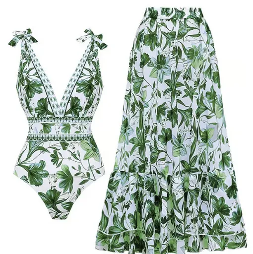M Size Green Print Women's Sexy One-Piece Swimsuit Set With Matching Long Dress - European/American Style Bikini with Built-in Pads
