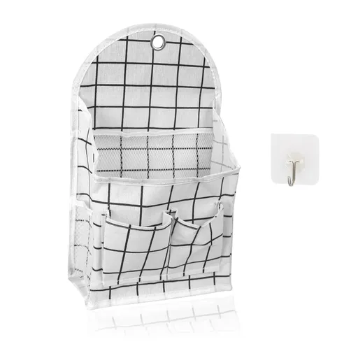 Wall Hanging Storage Bag, Black and White Checkered Linen Organizer Wall Mounted Punch-Free Over The Door Storage Pouch