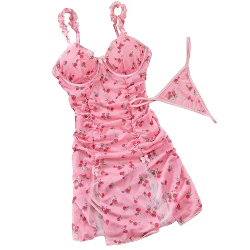 House Of Dasein Sexy Lingerie Pink Printed Valentine's Day Strap Nightgown Uniform Temptation Thong Set - Pink - S