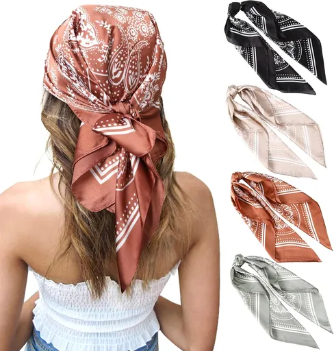 27 Inches Silk Feeling Square Head Scarf 4 Pcs Satin Square Head Scarves for Women Hair Bandanas