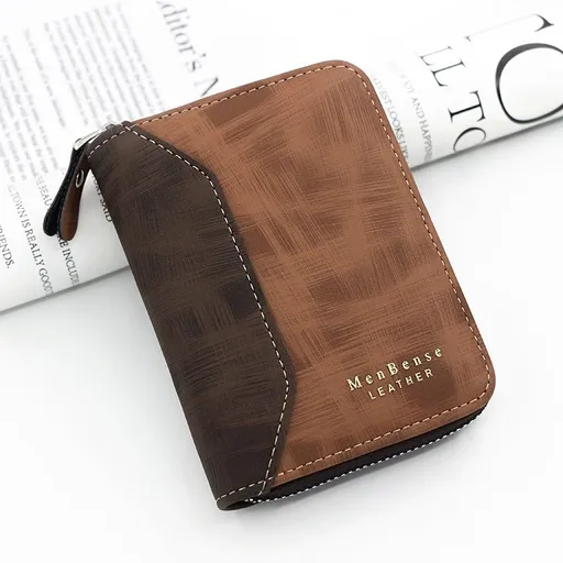 Two-tone Patchwork PU Zip-Around Short Wallet for Men, Embossed Letter Multi-Card Slot Purse with Dual Coin Pockets & ID Photo Slot (Brown)