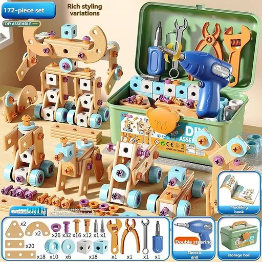 DIY assembly toy, wooden building set, electric drill toy for kids, educational construction toy, creative puzzle set, children's tool kit, Australian toy, hand-eye coordination toy - Multi - Size 172pcs
