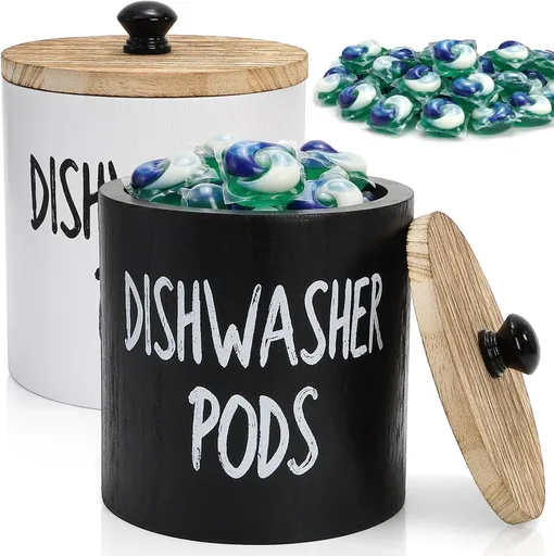 2 Pack Dishwasher Pod Container, Wood Tablet Holder with Lid, Round Laundry Pods Dispenser, Farmhouse Detergent Tin Organizer for Home Kitchen Cabinet Decor, Holds 25 pods